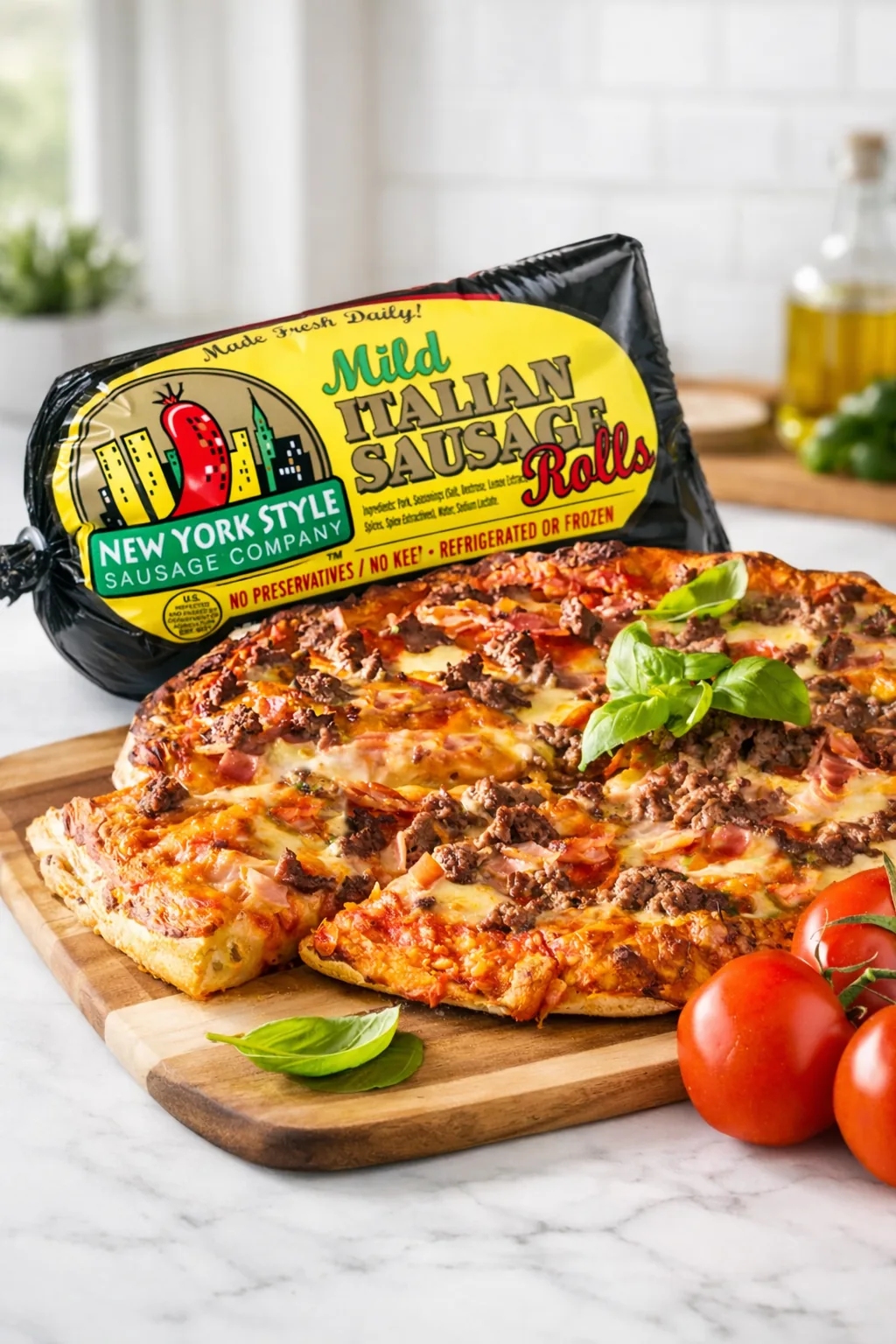 Mild Italian sausage rolls packaged behind a sausage-and-cheese pizza on a wooden board, with basil and tomatoes on a white kitchen countertop.