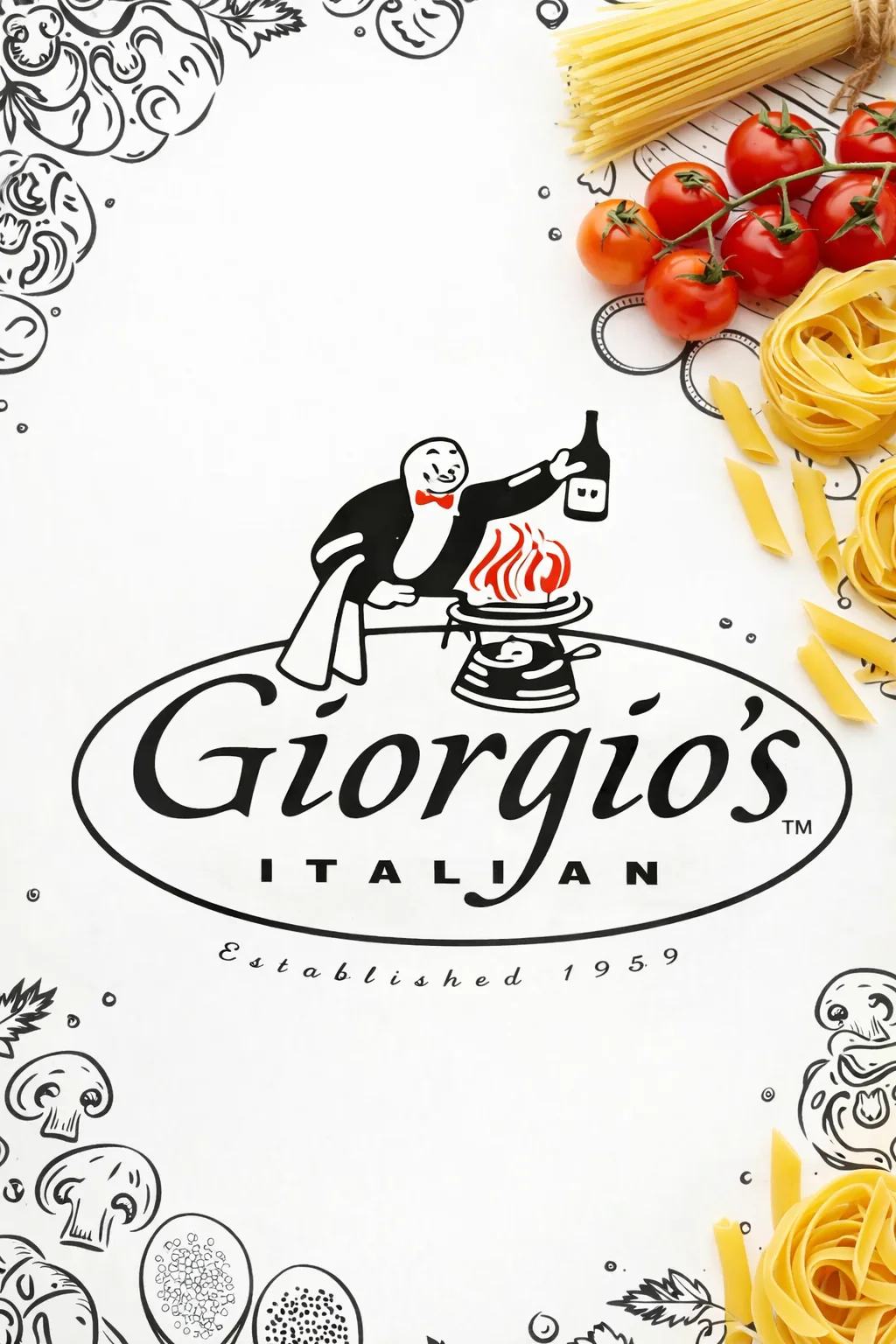 Giorgio's Italian restaurant logo with a cartoon waiter pouring wine over a flaming dish, framed by pasta-and-tomato food doodles on a white background.