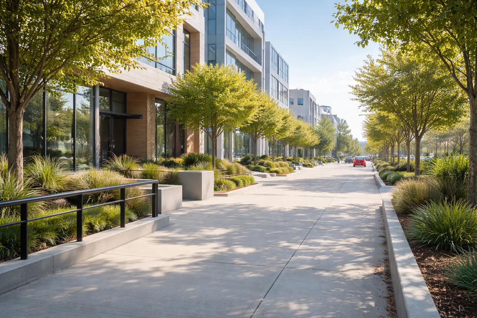 Small-town main street with shops, trees, and mountains in the background at golden hour