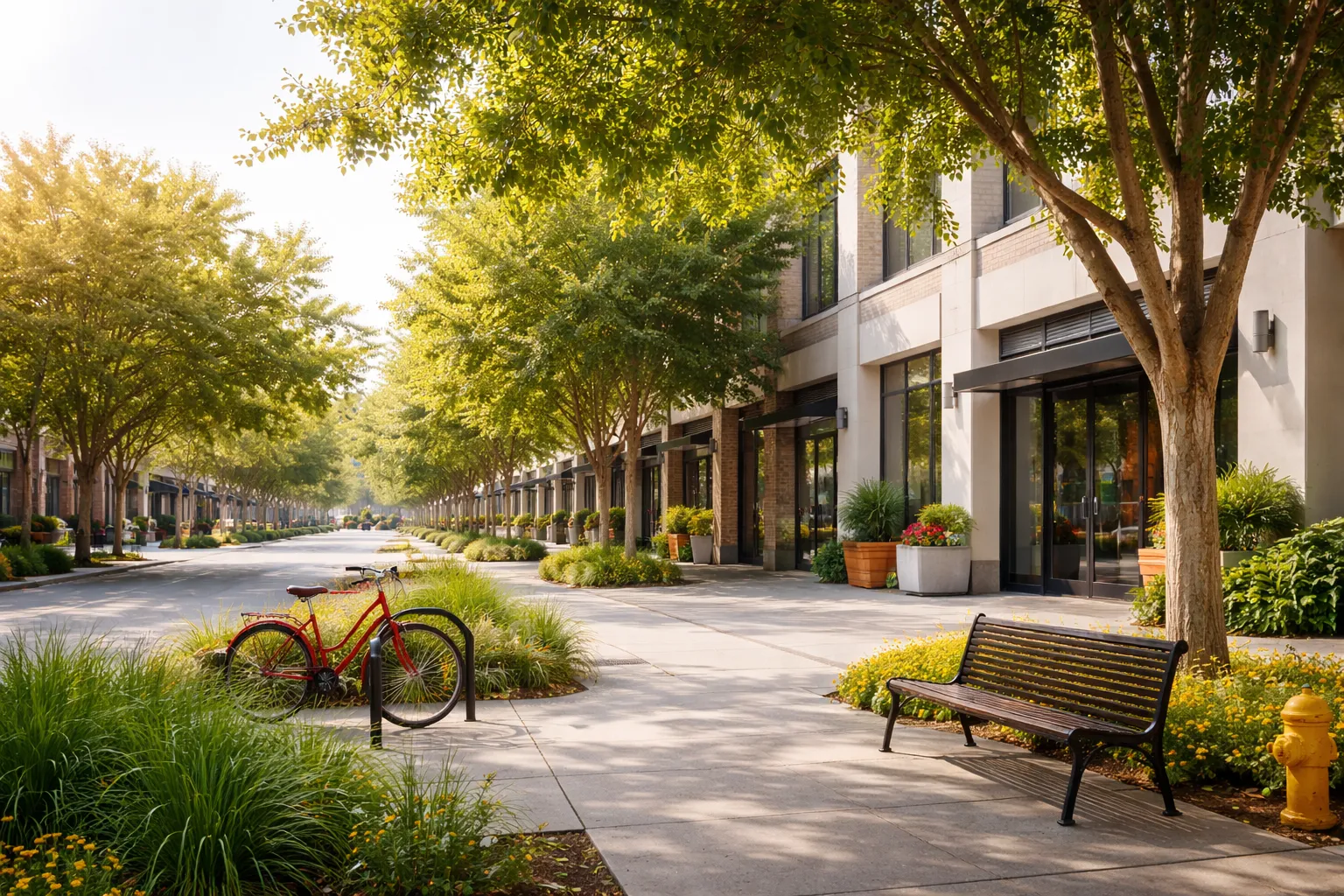 Tree-lined shopping street with storefronts, sidewalk bench, and a red bicycle rack in the shade