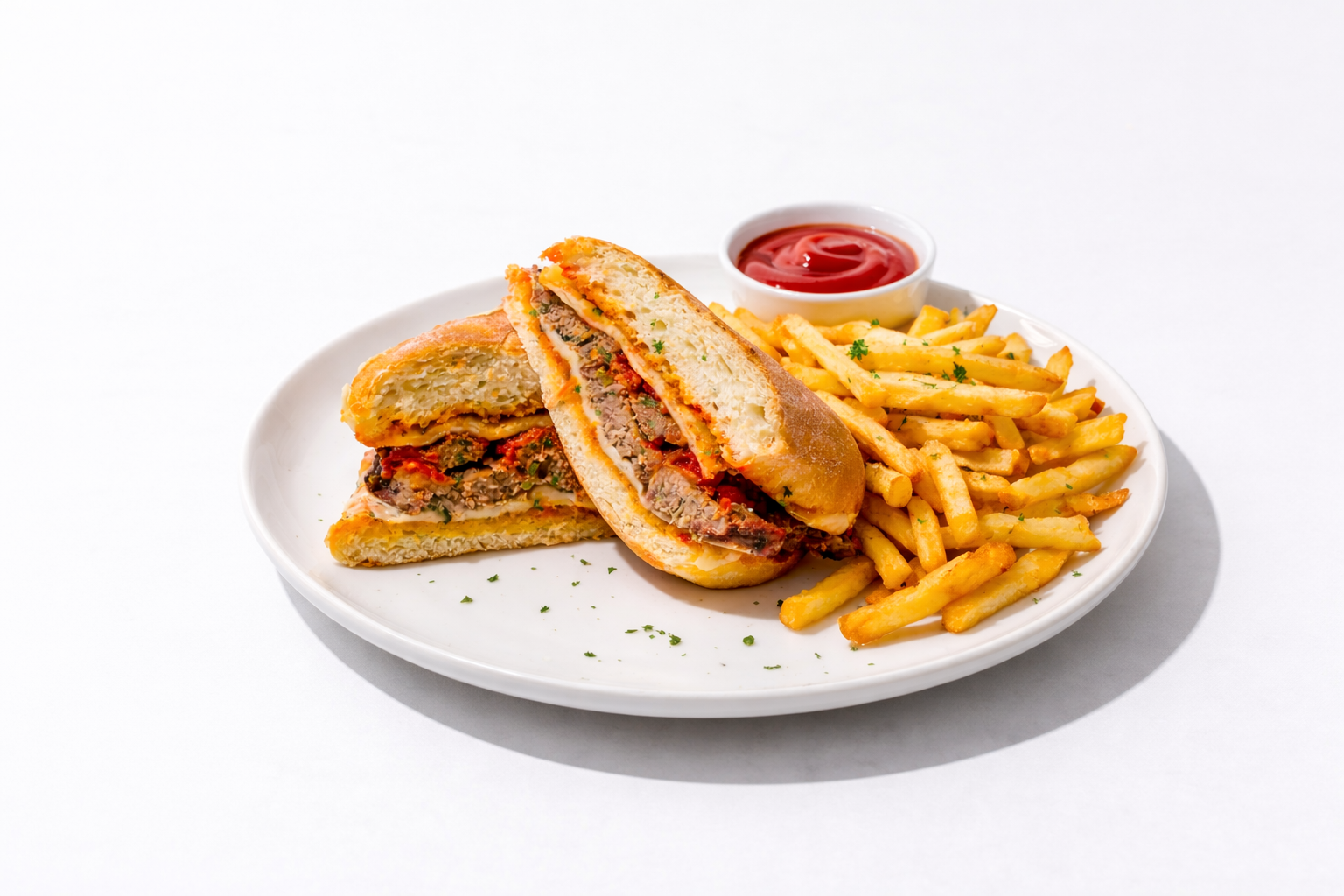 Plate with a sausage sandwich and crispy fries, served with ketchup.