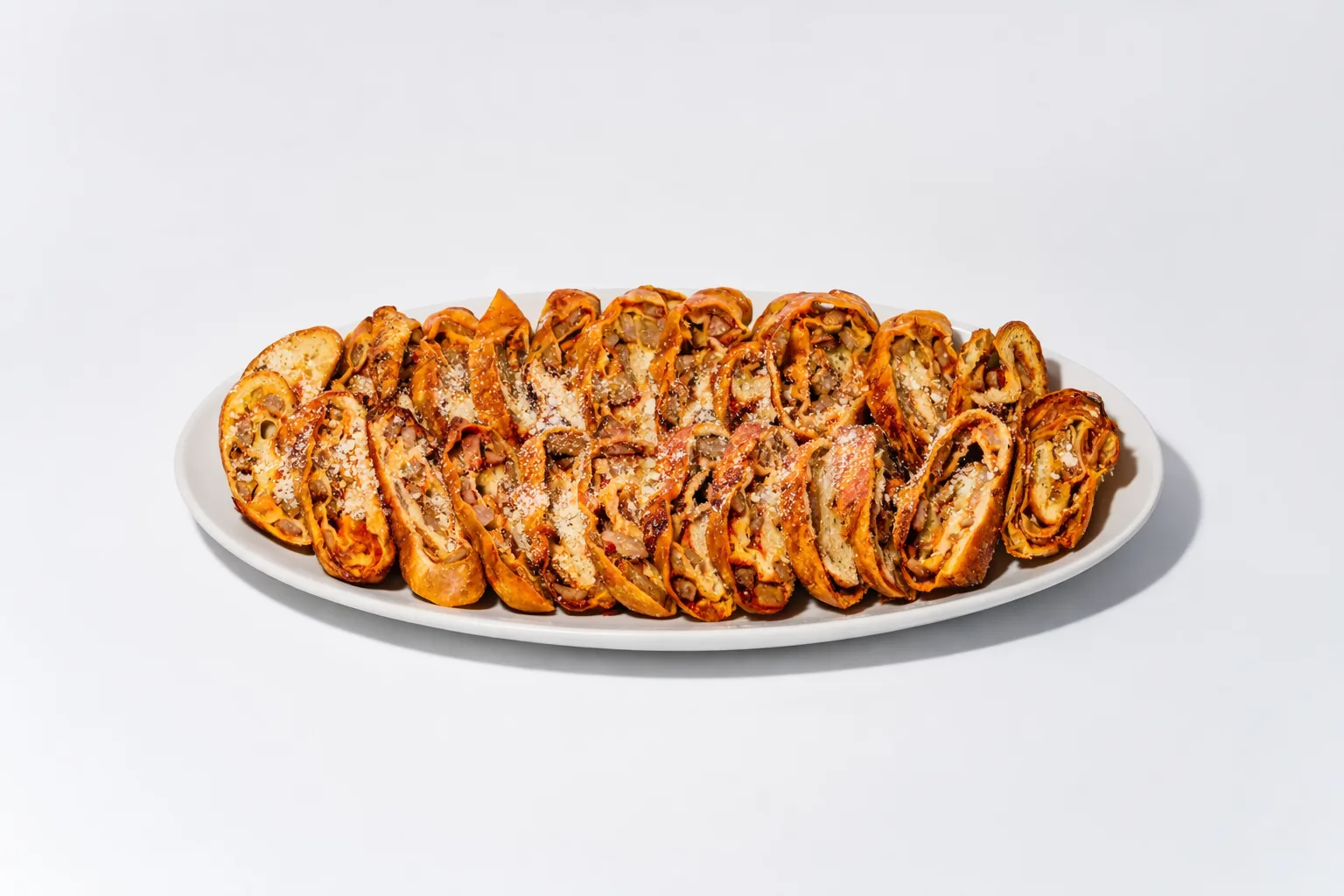 Platter of sliced baked pinwheels topped with grated cheese.